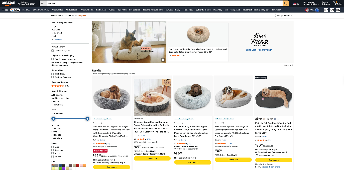 The client's product ranked in the "dog bed" results on Amazon USA — carrying Amazon's Overall Pick badge, against 30,000+ competing listings.